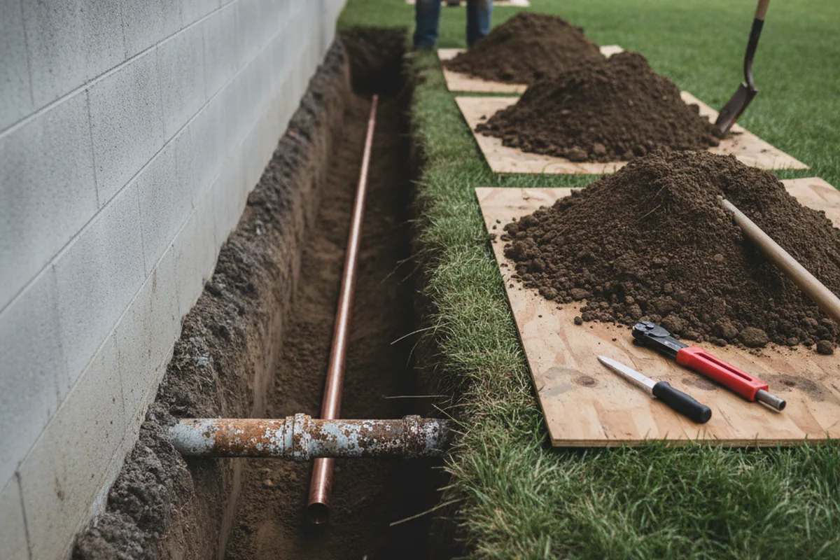 Excavated water line trench during Water Softener Installation in Hilltown